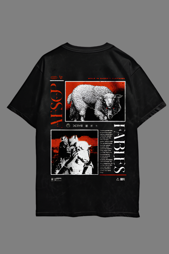 Black t-shirt with graphic designs on a white background