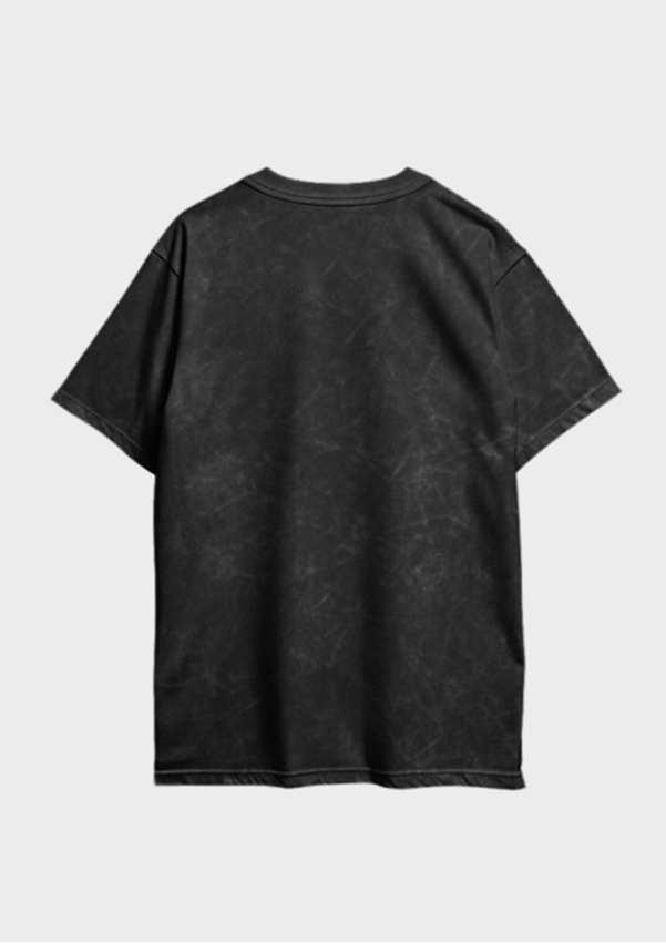Black t-shirt with a white graphic design on a light gray background