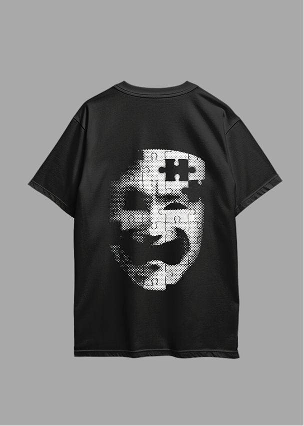 Black t-shirt with a white logo on the front and a graphic design on the back against a gray background