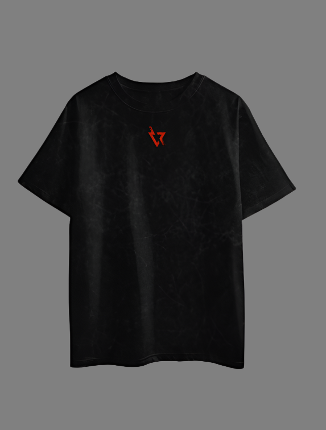 Black t-shirt with graphic designs on a white background