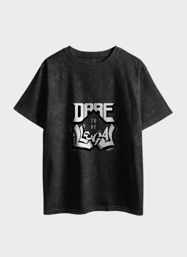 Black t-shirt with a white graphic design on a light gray background