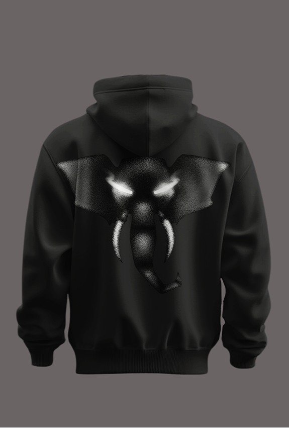 Black hoodie with a logo on the front and a design on the back against a gray background