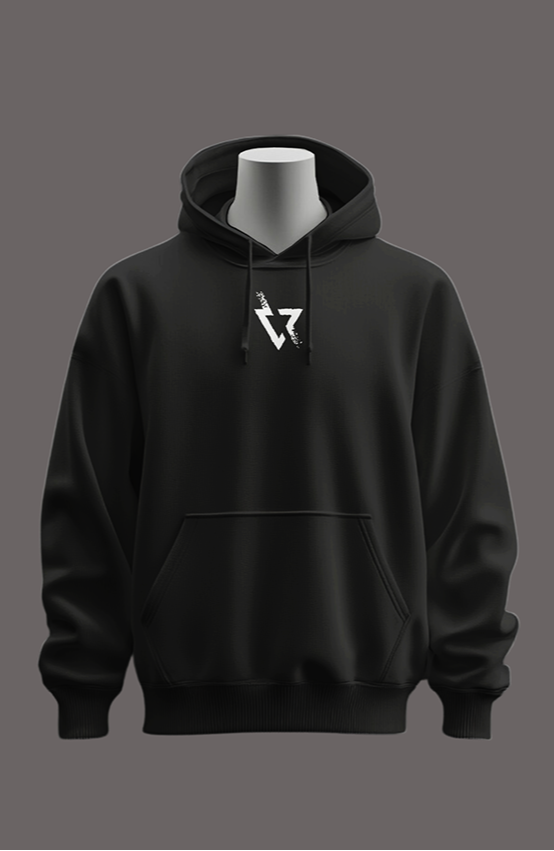 Black hoodie with a logo on the front and a design on the back against a gray background
