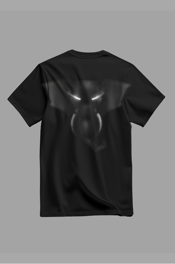 Black t-shirt with a logo on the front and a design on the back against a gray background