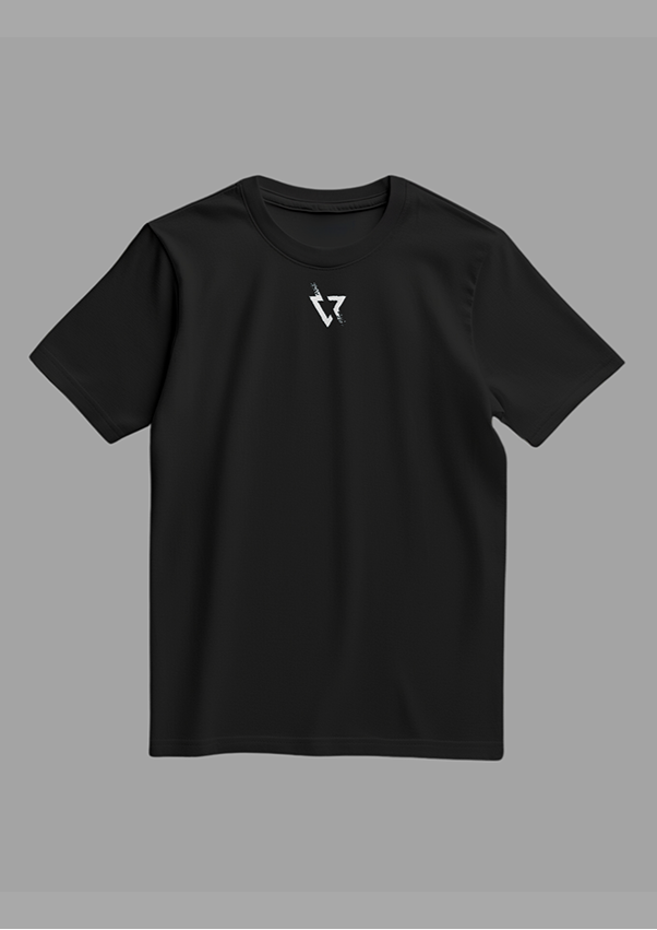 Black t-shirt with a logo on the front and a design on the back against a gray background