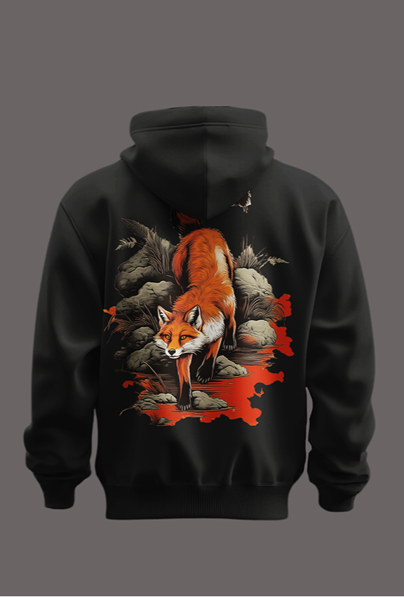 Black hoodie with red text and fox graphic on a gray background