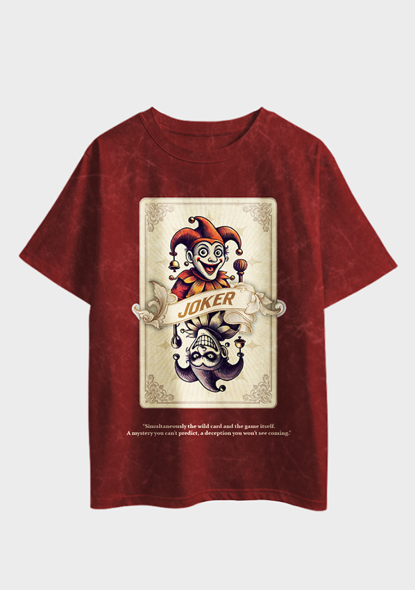 Red t-shirt with a graphic design on the front and plain back on a white background