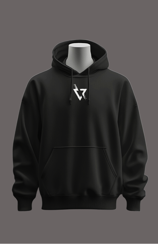 Black hoodie with a white logo on the front and a graphic design on the back against a gray background