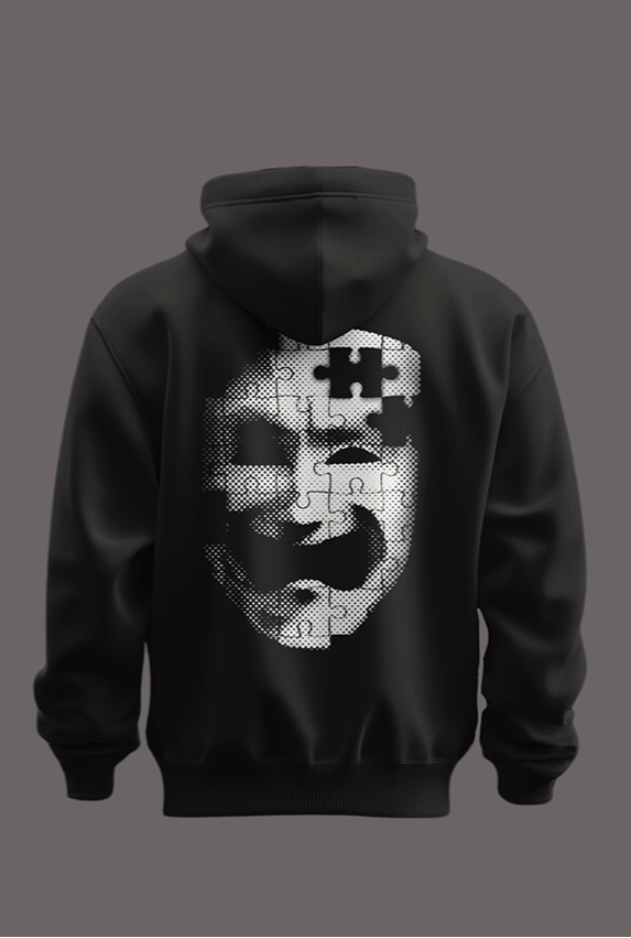 Black hoodie with a white logo on the front and a graphic design on the back against a gray background