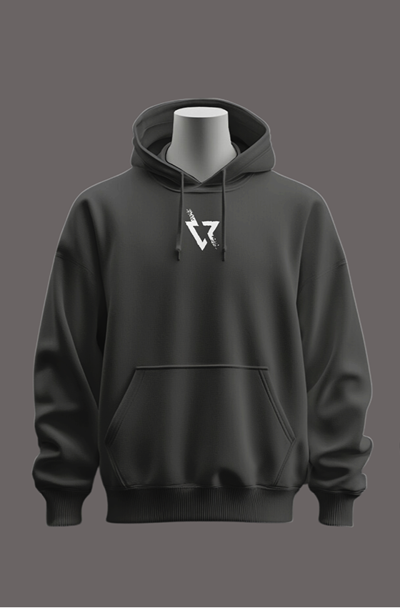 Black hoodie with front and back designs on a gray background