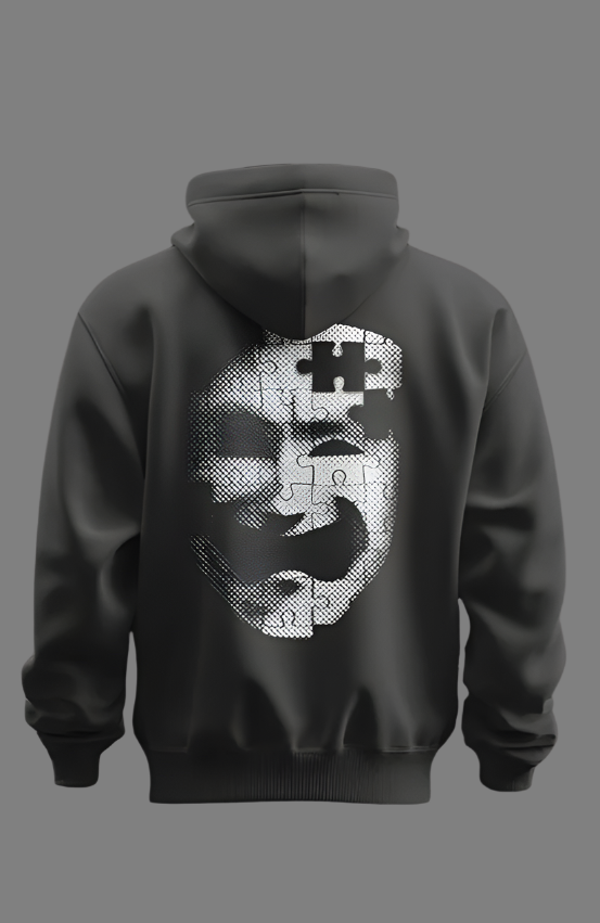 Black hoodie with front and back designs on a gray background