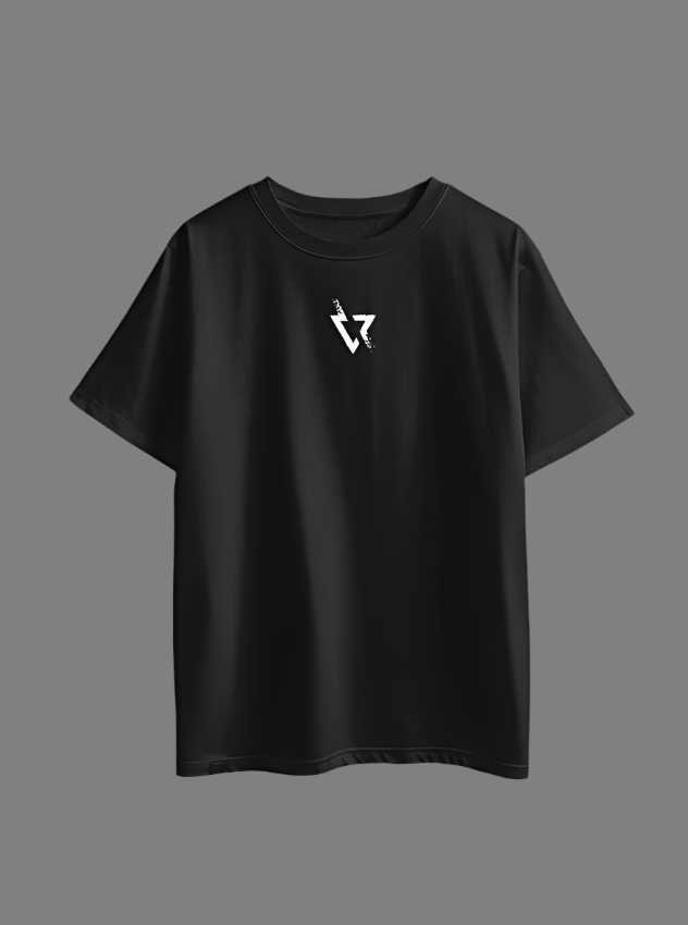 Black t-shirt with a white logo on the front and a graphic design on the back against a gray background