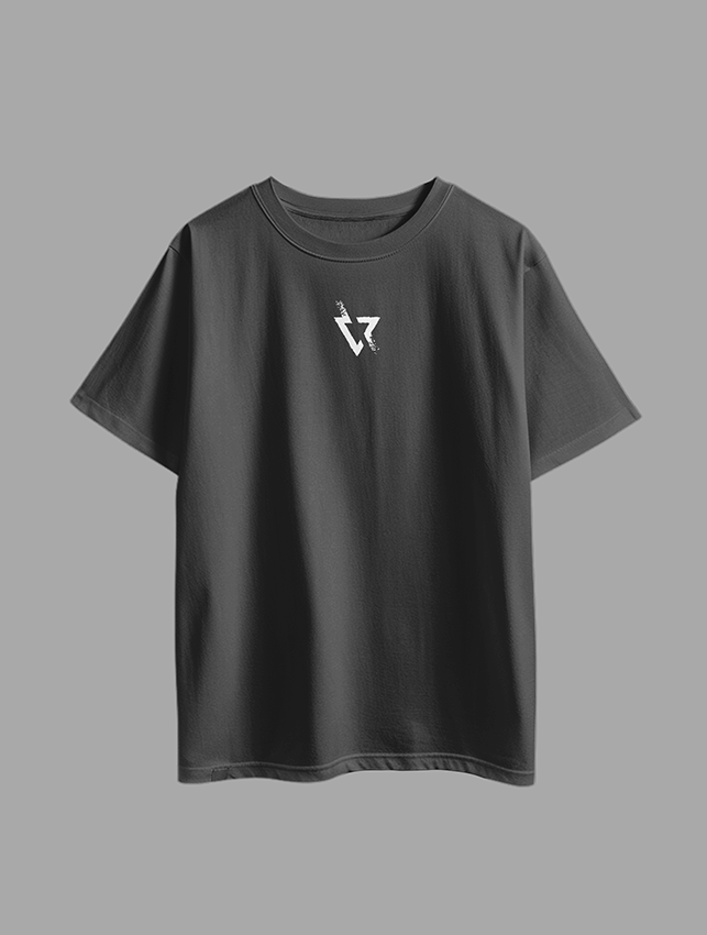 Black t-shirt with a white logo on the front and a graphic design on the back against a gray background