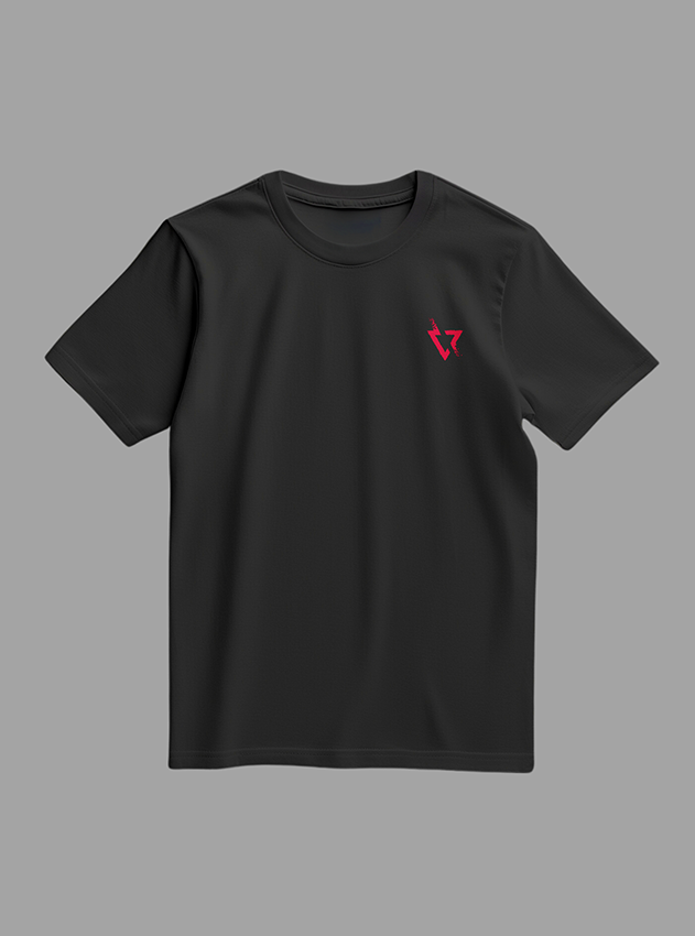 Black t-shirt with red and pink phoenix design on gray background