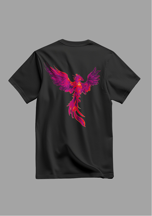 Black t-shirt with red and pink phoenix design on gray background