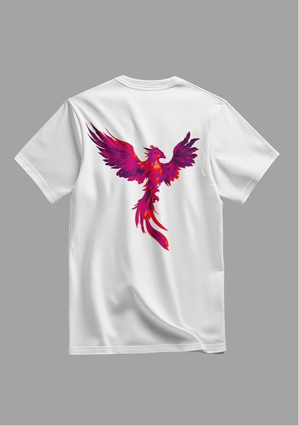 White t-shirt with red phoenix design on the front and back against a gray background