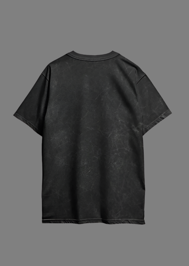 Black t-shirt with a floral design on the front and back, displayed against a white background.