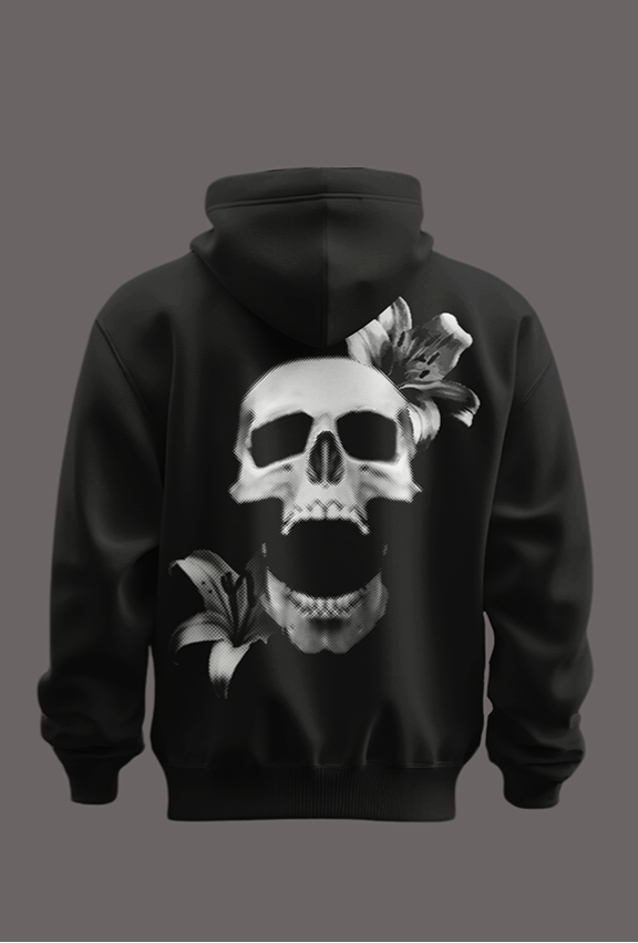 Black hoodie with a white logo on the front and a skull design with flowers on the back, displayed on a gray background.