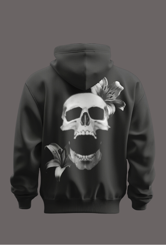 Charcoal Grey hoodie with a skull design on the back against a gray background