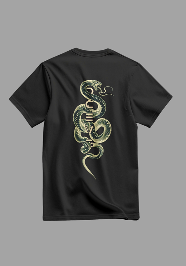 Black t-shirt with a snake design on the back against a gray background