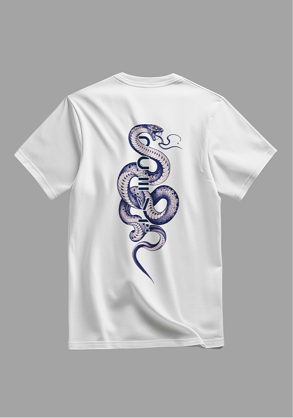 White t-shirt with a blue logo on the front and a snake design on the back, shown on a gray background.