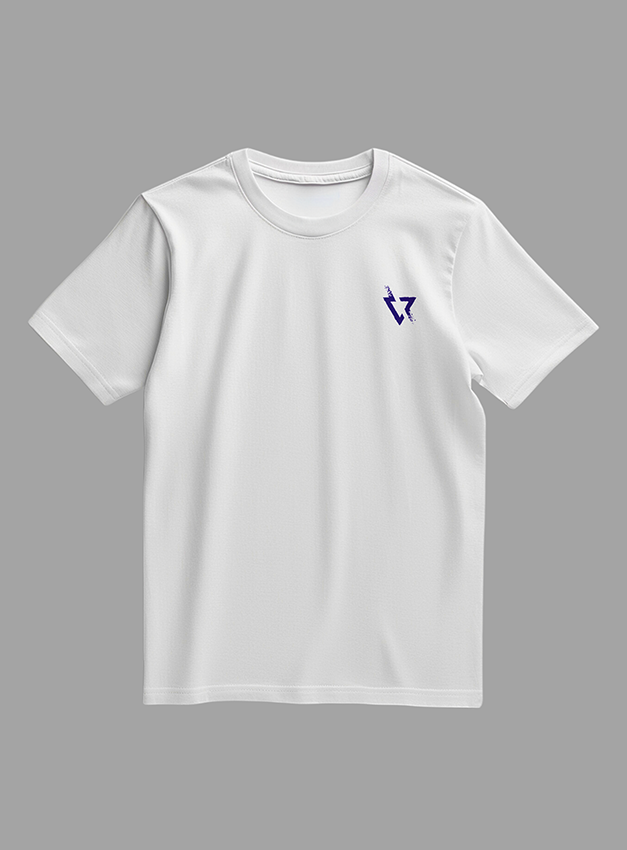White t-shirt with a blue logo on the front and a snake design on the back, shown on a gray background.