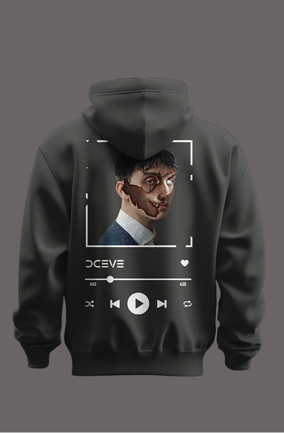 Black hoodie with a graphic design on a gray background